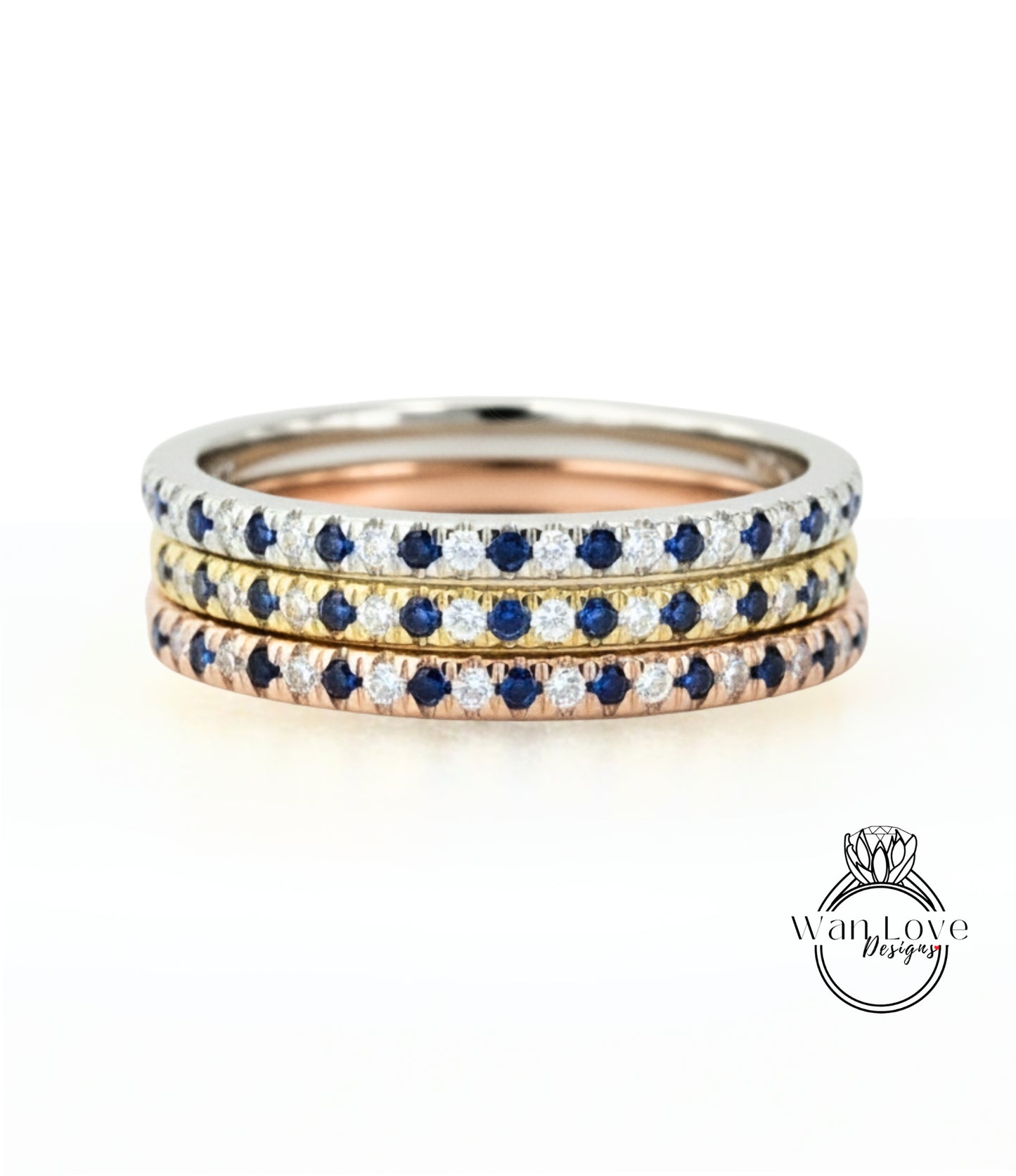 Black & White Diamond Wedding Band, Moissanite Sapphire Halfway, Stacking Ring, 1.85mm, Custom, Engagement, Anniversary Gift, Commitment