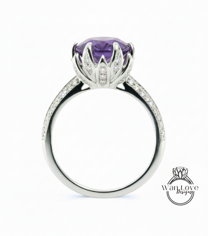 Alexandrite Sapphire engagement ring Lotus Flower Diamond rose gold ring unique diamond flower purple ring Anniversary promise bridal ring