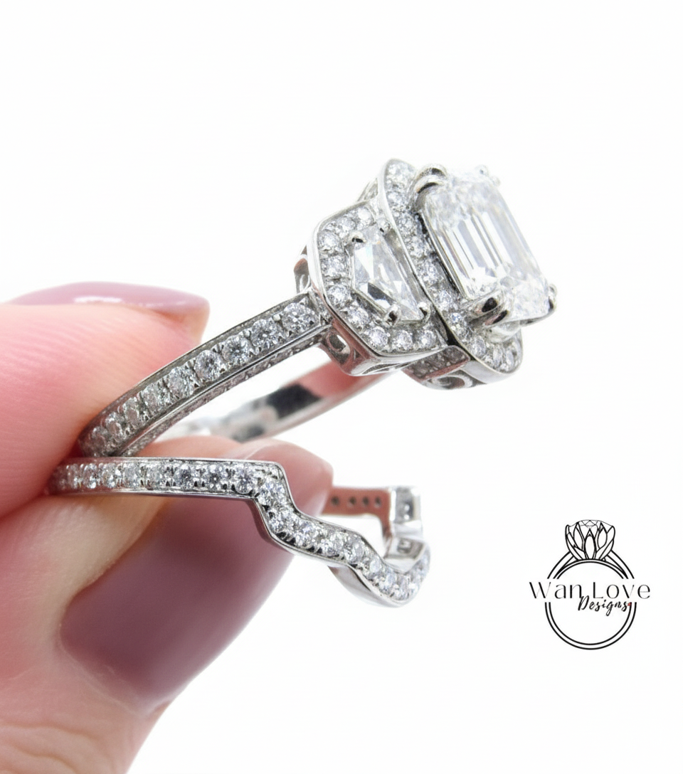3ct Diamond Oval half moon trapezoid Engagement Ring Set Curved Nesting Wedding Band Art deco ring Oval Cut Engagement Ring, Bridal Gift