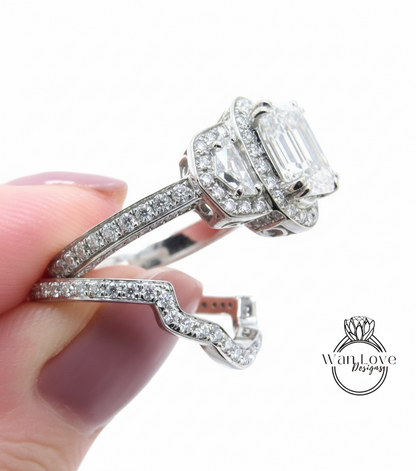 3ct Diamond Oval half moon trapezoid Engagement Ring Set Curved Nesting Wedding Band Art deco ring Oval Cut Engagement Ring, Bridal Gift