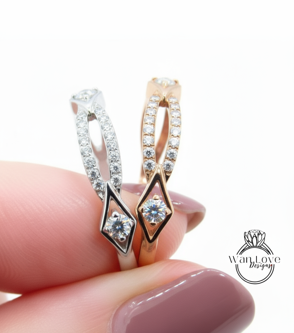 Round Moissanite Diamond Criss Cross Bridal Band / Moissanite Geometric Infinity Band / White Gold Eternity Wedding Band Gift For Fiancee