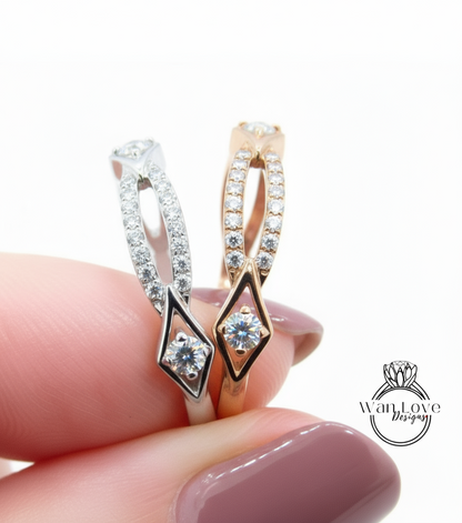 Round Moissanite Diamond Criss Cross Bridal Band / Moissanite Geometric Infinity Band / White Gold Eternity Wedding Band Gift For Fiancee