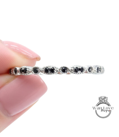 Sale Ready to ship-Black Spinel Milgrain Leaf Scalloped Marquise shape Circle Bezel set FULL Eternity Wedding Band Stacking Ring, Custom