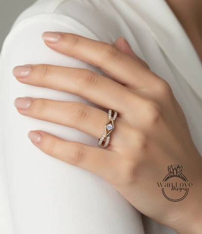 Round Moissanite Diamond Criss Cross Bridal Band / Moissanite Geometric Infinity Band / White Gold Eternity Wedding Band Gift For Fiancee