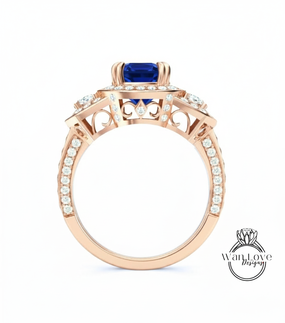 Blue Sapphire & Diamond Oval half moon Triple halo 3 sided engagement ring rose gold ring vintage ring art deco unique Bridal Wedding ring Anniversary gift