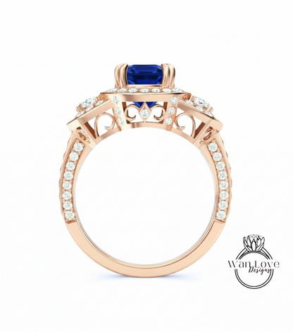 Blue Sapphire & Diamond Oval half moon Triple halo 3 sided engagement ring rose gold ring vintage ring art deco unique Bridal Wedding ring Anniversary gift
