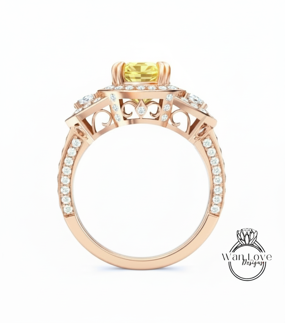 Anello di fidanzamento ovale con zaffiro rosa chiaro e diamanti, trapezio a mezzaluna, 3 ct, 9x7 mm, personalizzato, oro rosa giallo bianco 14k 18k, platino, matrimonio