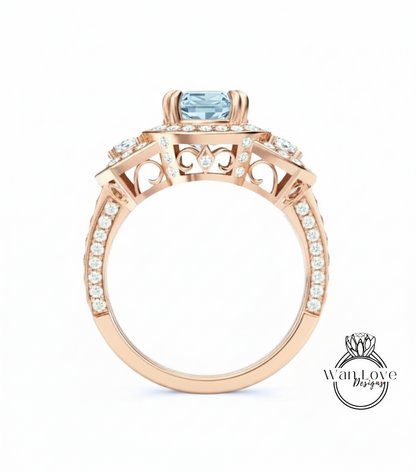 Anello di fidanzamento ovale con diamante spinello blu acquamarina, trapezio a mezza luna, 3ct, 9x7mm, personalizzato, 14k 18k bianco giallo oro rosa, platino, matrimonio