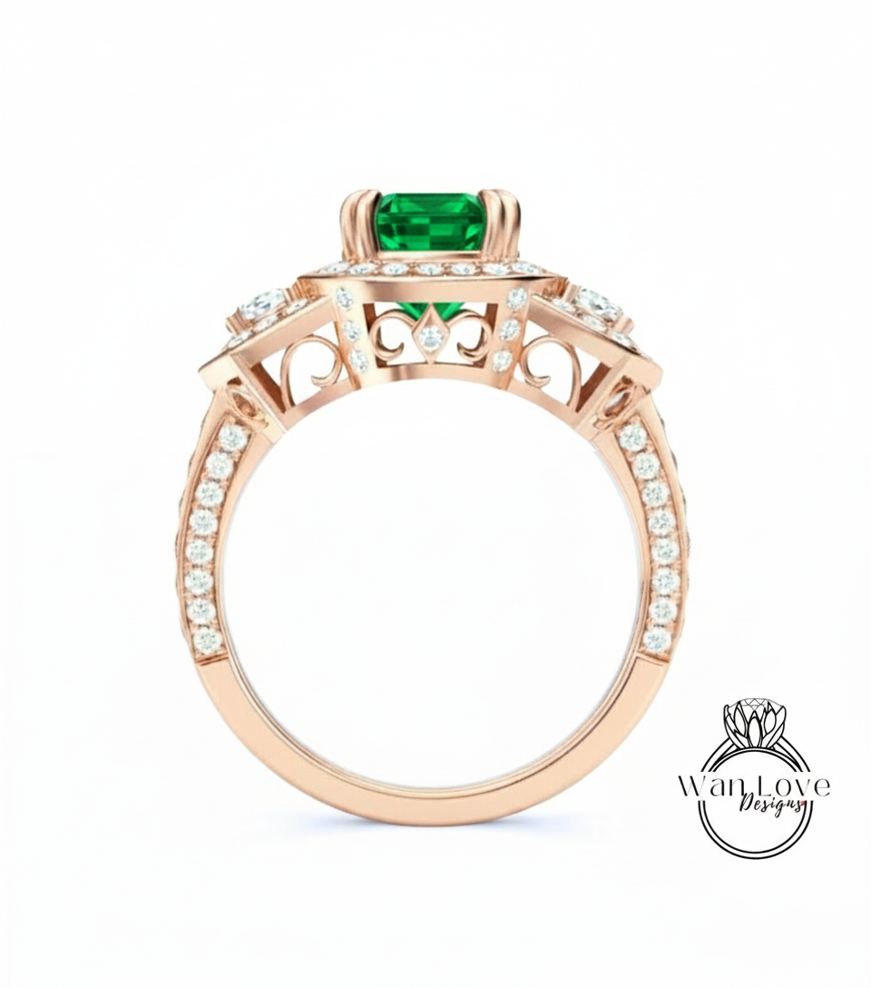 Emerald & Diamond Oval half moon Triple halo 3 sided engagement ring rose gold ring vintage ring art deco unique Bridal Wedding ring Anniversary gift
