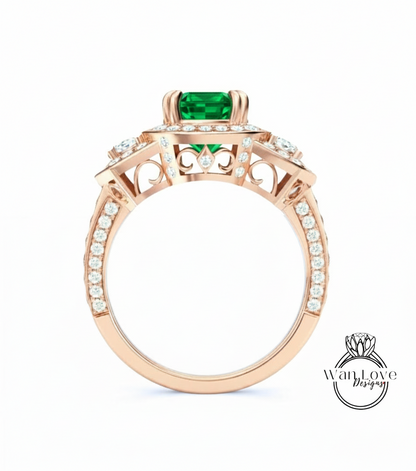 Emerald & Diamond Oval half moon Triple halo 3 sided engagement ring rose gold ring vintage ring art deco unique Bridal Wedding ring Anniversary gift