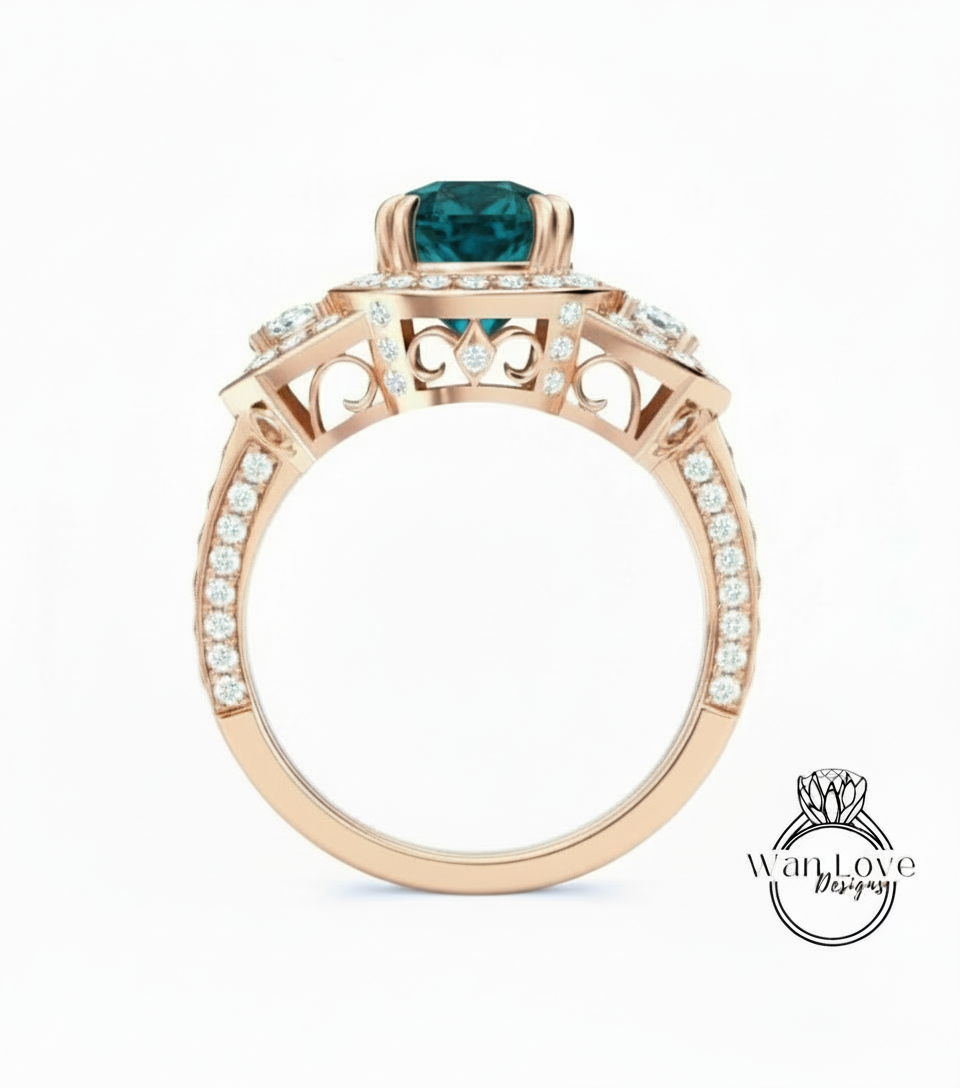 Peacock Sapphire & Diamond Oval Engagement Ring half moon trapezoid, 3ct Custom, 14k 18k White Yellow Rose Gold, Platinum, Bridal Wedding ring, Anniversary Gift