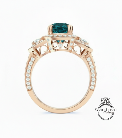 Peacock Sapphire & Diamond Oval Engagement Ring half moon trapezoid, 3ct Custom, 14k 18k White Yellow Rose Gold, Platinum, Bridal Wedding ring, Anniversary Gift