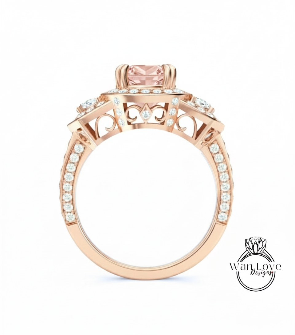 Anello di fidanzamento ovale con zaffiro rosa chiaro e diamanti, trapezio a mezzaluna, 3 ct, 9x7 mm, personalizzato, oro rosa giallo bianco 14k 18k, platino, matrimonio