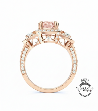 Anello di fidanzamento ovale con zaffiro rosa chiaro e diamanti, trapezio a mezzaluna, 3 ct, 9x7 mm, personalizzato, oro rosa giallo bianco 14k 18k, platino, matrimonio