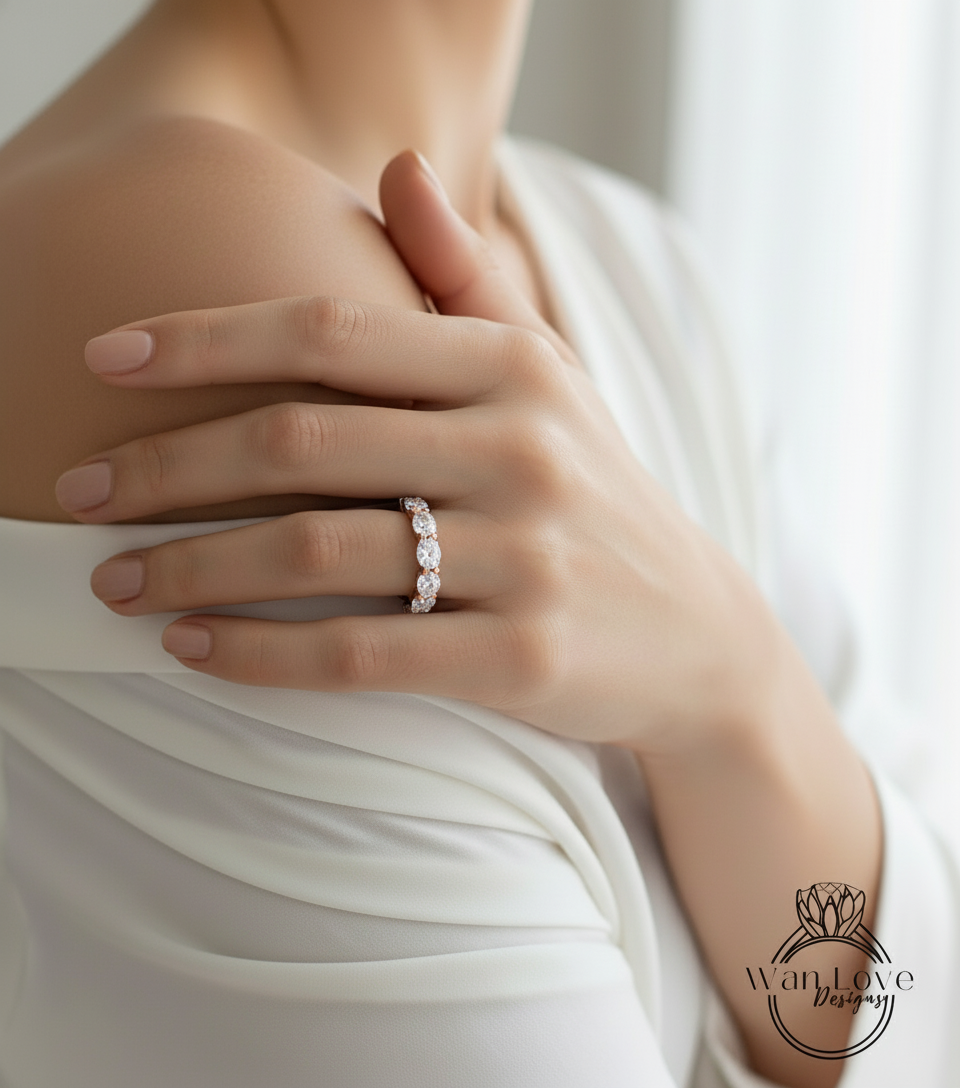 east west Moissanite wedding band Ring Vintage Rose gold Oval cut Unique wedding band women Stacking Matching band Bridal set promise gift