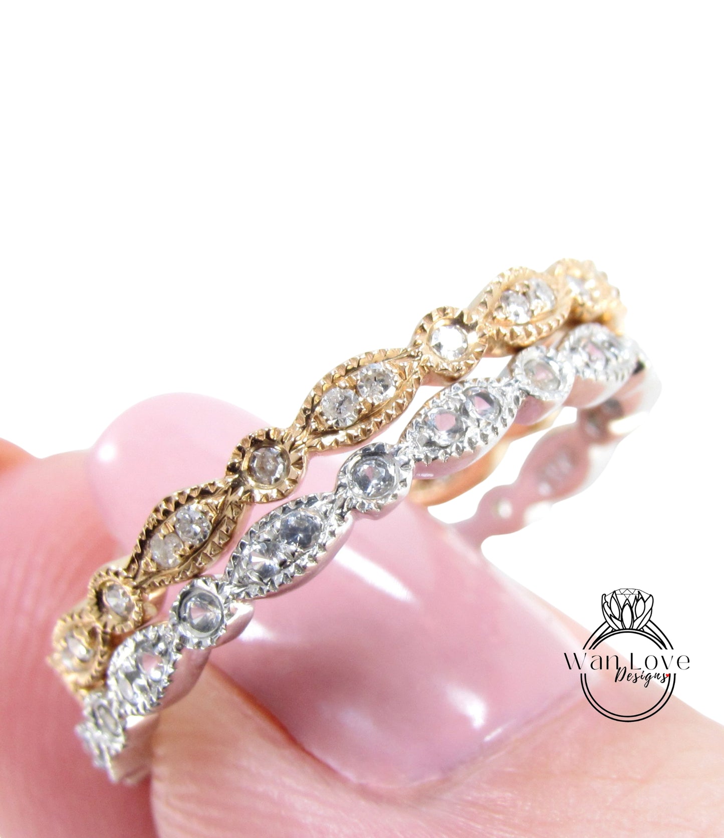 Unique Diamond Gold Art Deco Wedding Band, Full Eternity Ring, Stacking Wedding Band, Scalloped Milgrain Vintage Wedding Anniversary Ring