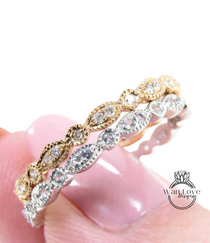 Unique Diamond Gold Art Deco Wedding Band, Full Eternity Ring, Stacking Wedding Band, Scalloped Milgrain Vintage Wedding Anniversary Ring