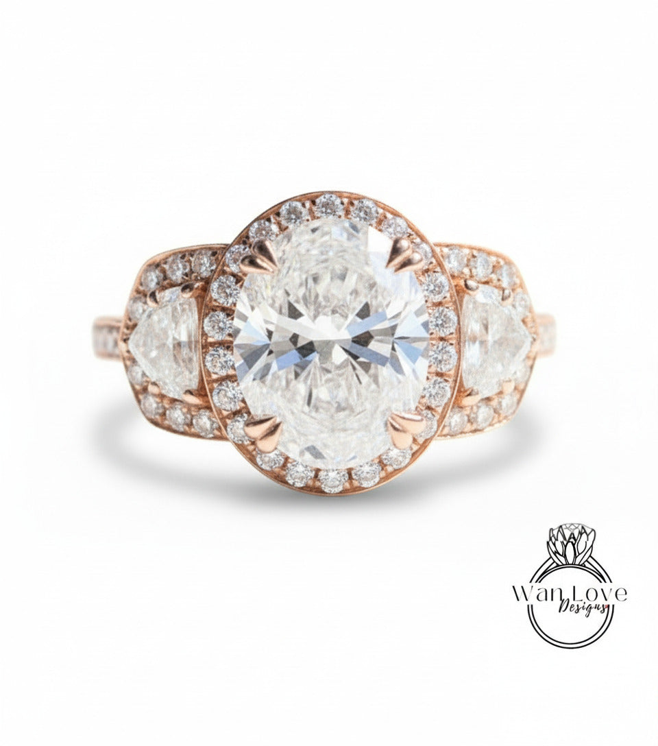 Art Deco Three Stone Diamond Engagement Ring, Oval cut art deco ring, Anniversary gift for her, lab grown certified Diamond Engagement Ring