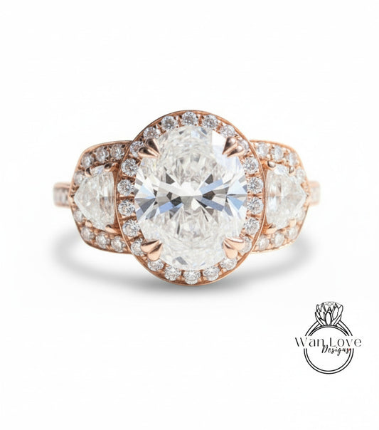 Art Deco Three Stone Diamond Engagement Ring, Oval cut art deco ring, Anniversary gift for her, lab grown certified Diamond Engagement Ring