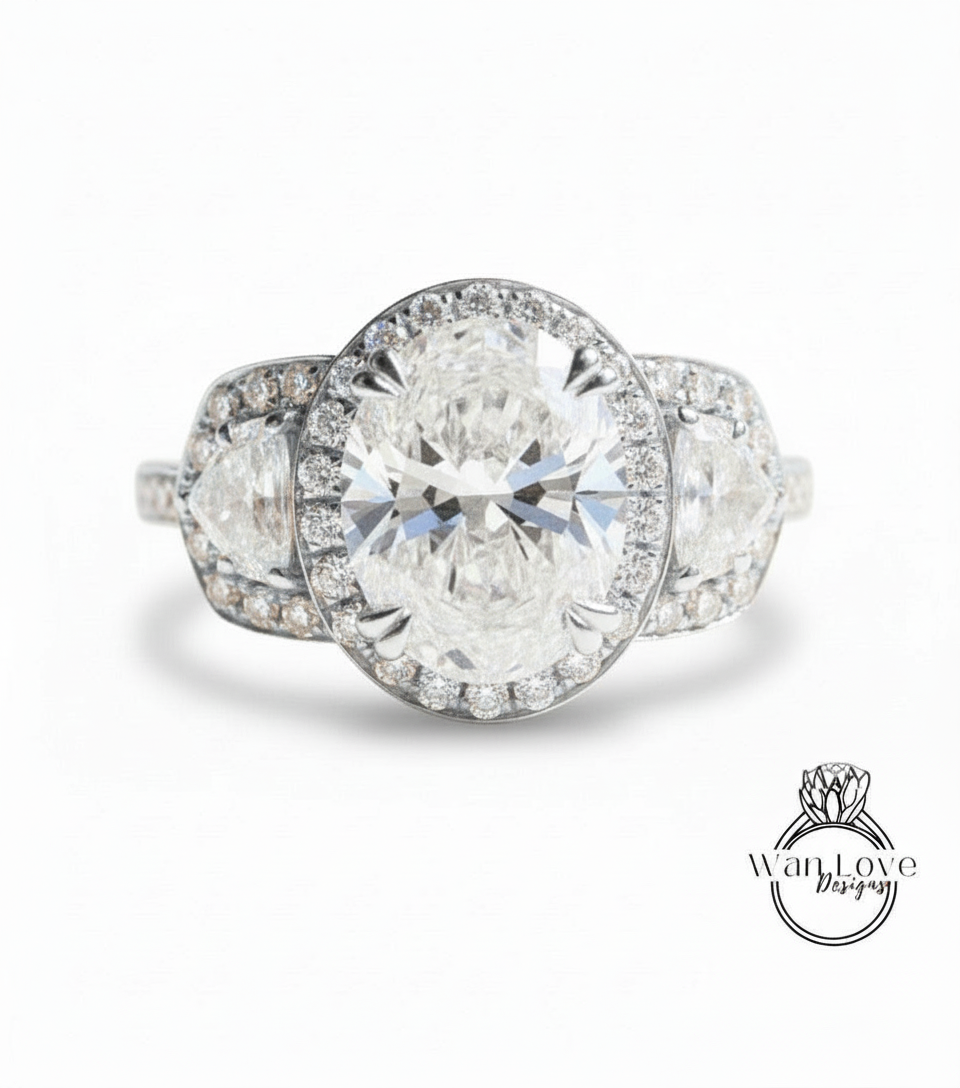 Art Deco Three Stone Diamond Engagement Ring, Oval cut art deco ring, Anniversary gift for her, lab grown certified Diamond Engagement Ring