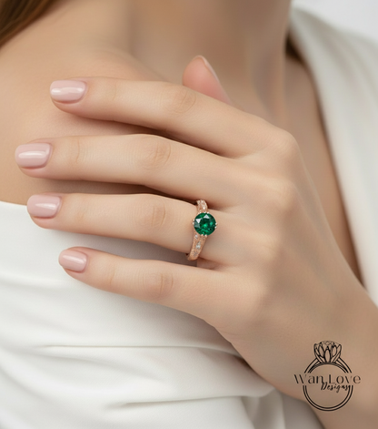 Anello di fidanzamento rotondo con smeraldo e diamante inciso con incisione antica, personalizzato-14k 18k bianco giallo oro rosa-platino-regalo di anniversario di matrimonio