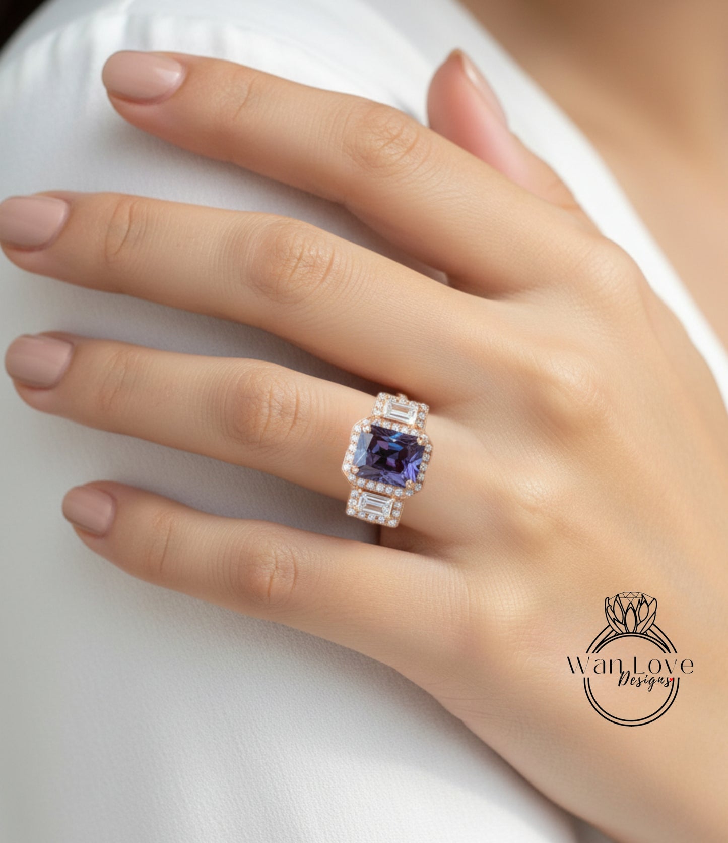 Alexandrite & Diamond Baguette Emerald cut 3 gemstone triple halo Engagement Ring, 14k 18k White Yellow Rose gold-Platinum-Custom-Bridal Wedding ring-Anniversary Gift