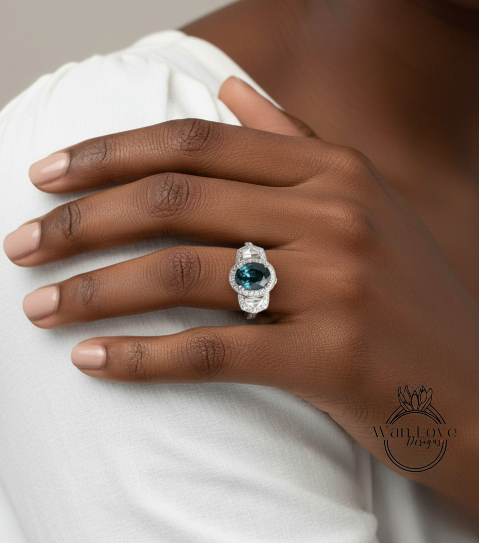 Peacock Sapphire & Diamond Oval Engagement Ring half moon trapezoid, 3ct Custom, 14k 18k White Yellow Rose Gold, Platinum, Bridal Wedding ring, Anniversary Gift
