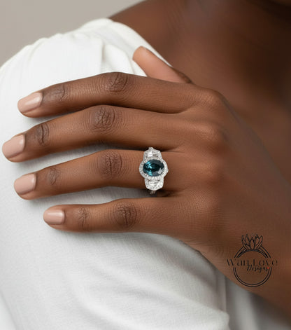Peacock Sapphire & Diamond Oval Engagement Ring half moon trapezoid, 3ct Custom, 14k 18k White Yellow Rose Gold, Platinum, Bridal Wedding ring, Anniversary Gift