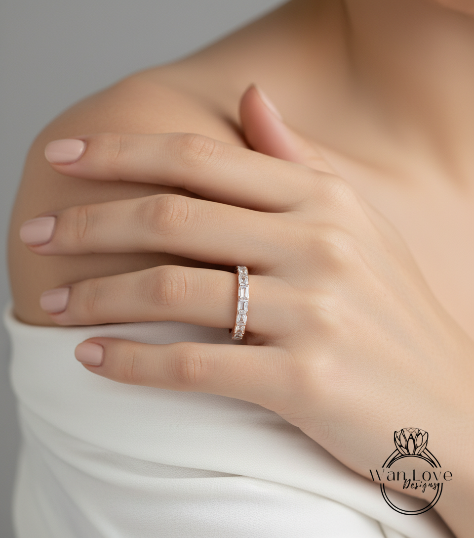 Emerald cut East West Ring in Gold • Baguette Moissanite Eternity Band • WITH OR WITHOUT Milgrain Ring • Wedding Ring • Bold Stacking Ring