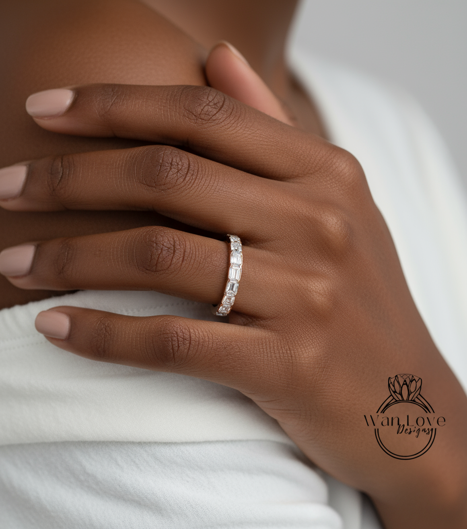 Emerald cut East West Ring in Gold • Baguette Moissanite Eternity Band • WITH OR WITHOUT Milgrain Ring • Wedding Ring • Bold Stacking Ring