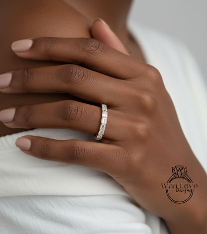 Emerald cut East West Ring in Gold • Baguette Moissanite Eternity Band • WITH OR WITHOUT Milgrain Ring • Wedding Ring • Bold Stacking Ring