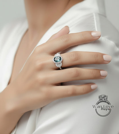 Peacock Sapphire & Diamond Oval Engagement Ring half moon trapezoid, 3ct Custom, 14k 18k White Yellow Rose Gold, Platinum, Bridal Wedding ring, Anniversary Gift
