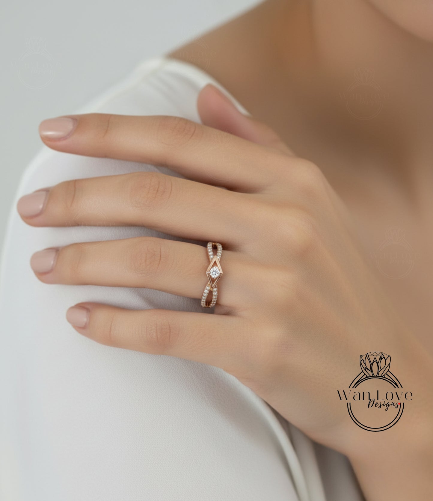 Moissanite split shank wedding band art deco vintage stacking wedding ring rose or white gold unique ring matching band bridal ring-Ready