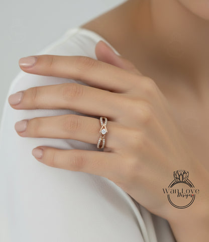 Moissanite split shank wedding band art deco vintage stacking wedding ring rose or white gold unique ring matching band bridal ring-Ready