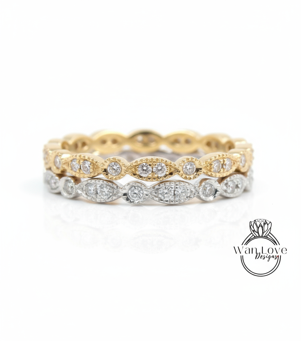 Vintage diamond wedding band rose gold Art deco marquise leaf ring Full eternity band dainty milgrain Stacking band Promise ring-Ready ship