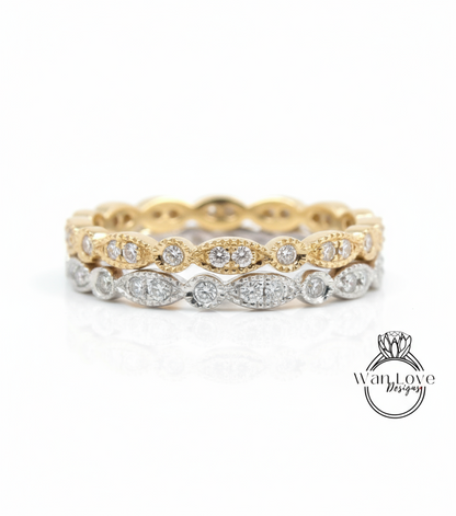 Vintage diamond wedding band rose gold Art deco marquise leaf ring Full eternity band dainty milgrain Stacking band Promise ring-Ready ship