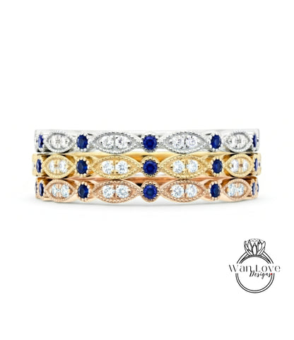 Fede nuziale con diamanti e rubini, Foglia Milgrain, Eternità completa, Anello impilabile, 14k 18k Bianco Giallo Rosa Oro-Platino-Fidanzamento personalizzato