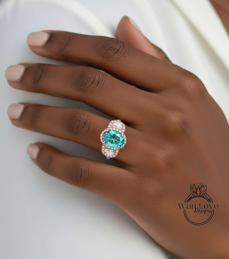 Teal Blue Green Moissanite & Diamond Oval Engagement Ring half moon trapezoid, 3ct, 9x7mm, Custom, 14k 18k White Yellow Rose Gold, Platinum