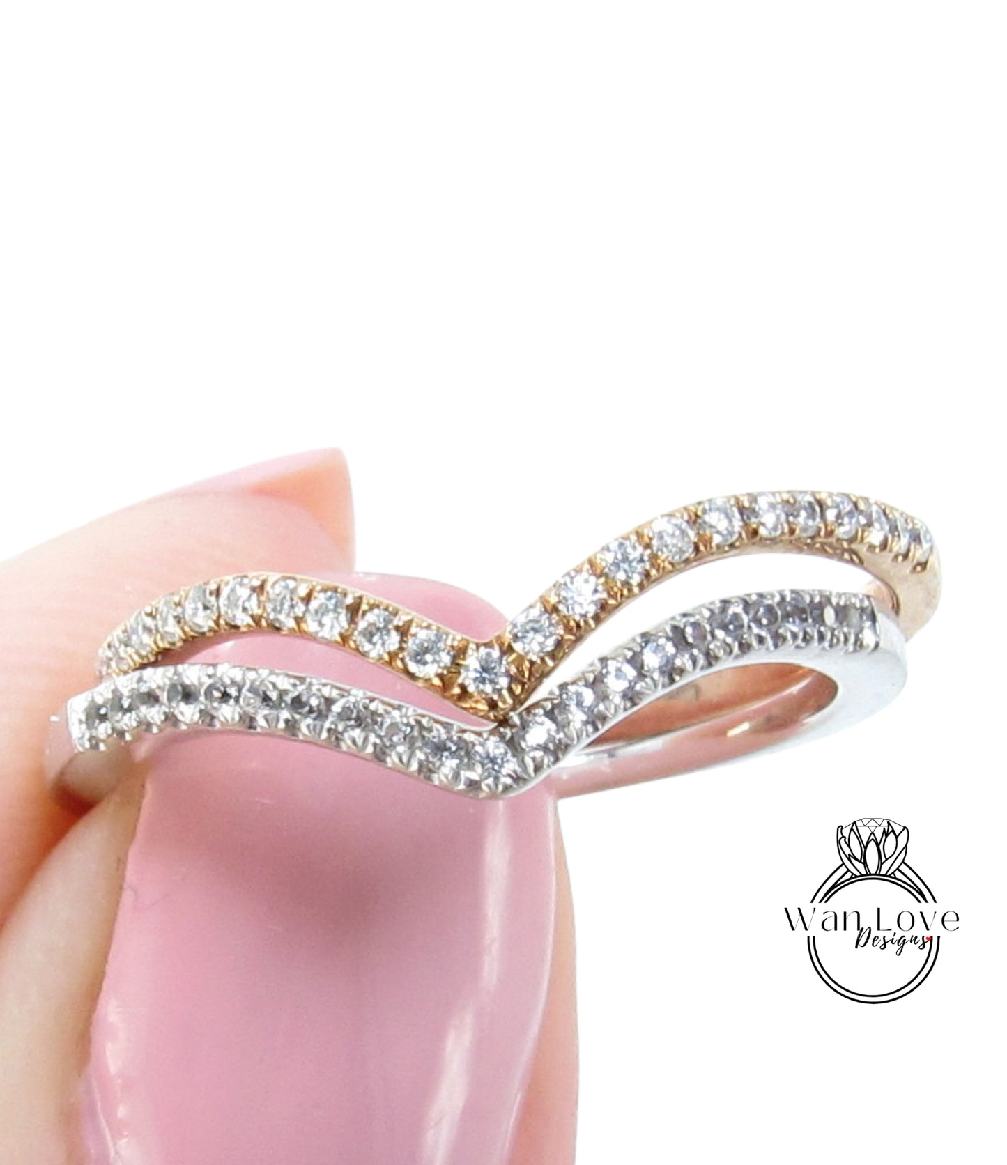 Vendita di esempio Pronto per la spedizione: anello di annidamento con fascia in oro rosa con moissanite o tiara con zaffiri bianchi e diamanti curvi