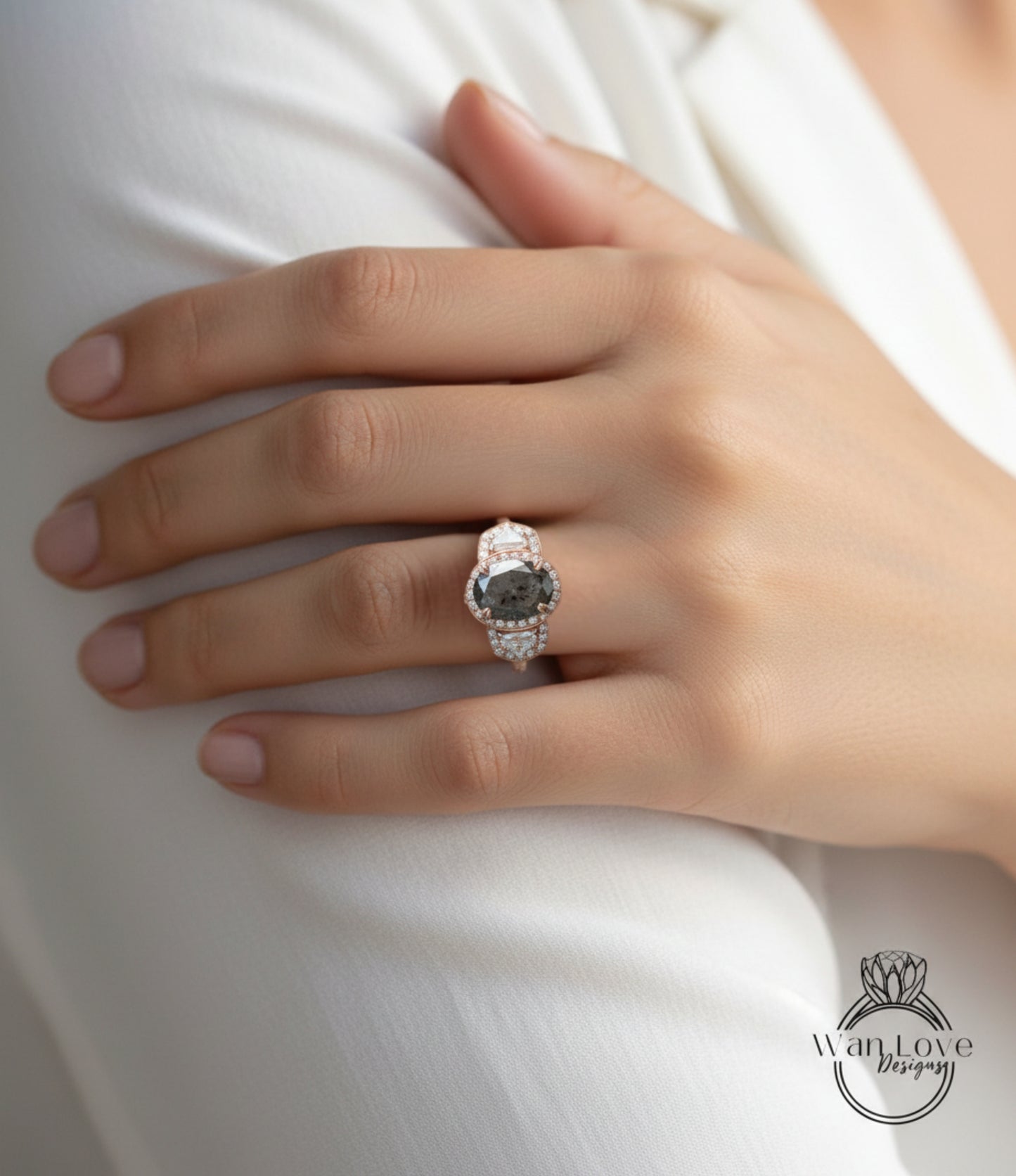 Salt & Pepper Diamond Oval Engagement Ring half moon trapezoid 2ct Custom Wedding Cadillac cut