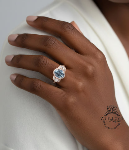 Gray Moissanite & Diamonds Oval Engagement Ring half moon trapezoid, 2ct, 9x7mm, Custom, 14k 18k White Yellow Rose Gold, Platinum, Wedding