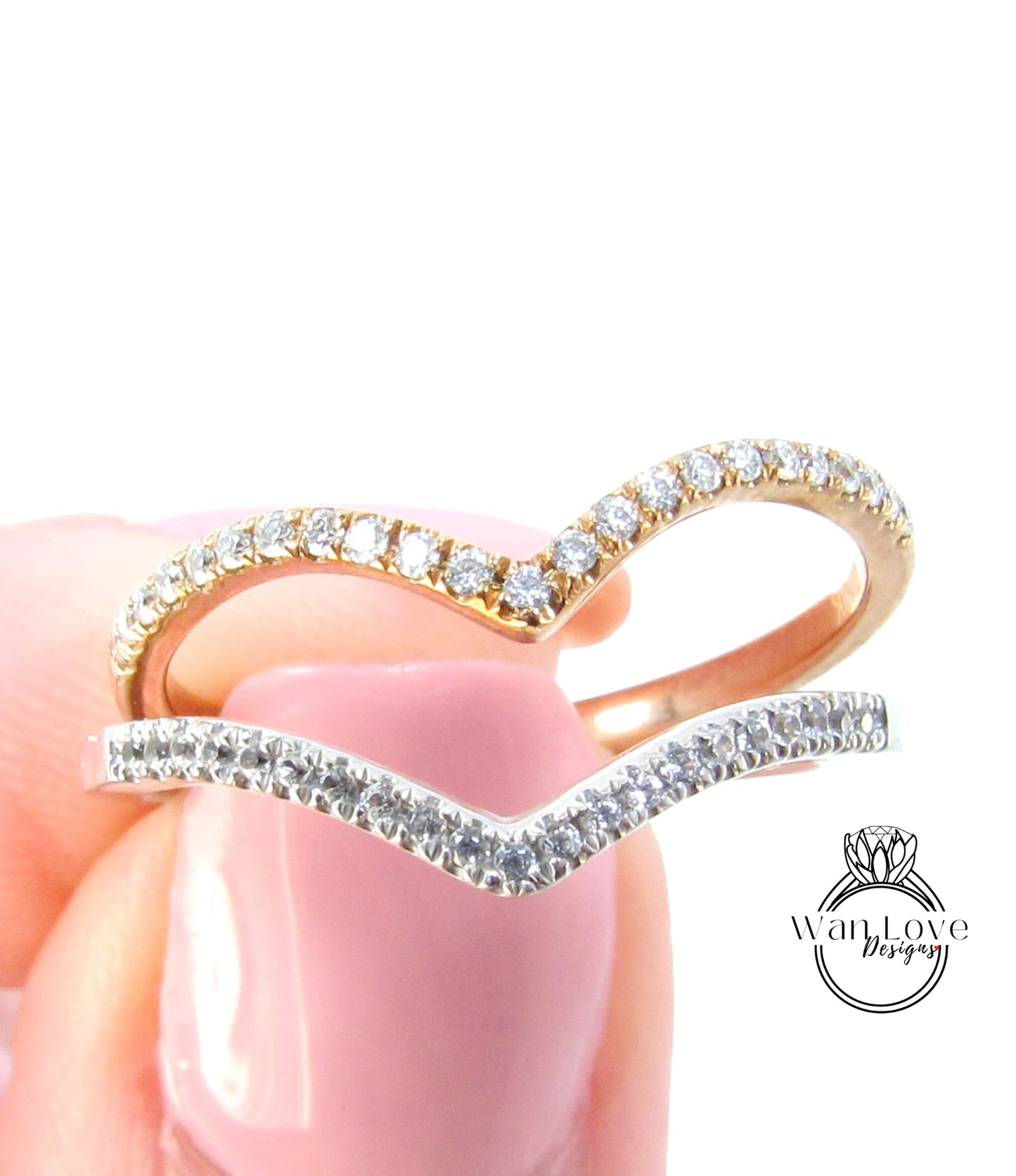 Vendita di esempio Pronto per la spedizione: anello di annidamento con fascia in oro rosa con moissanite o tiara con zaffiri bianchi e diamanti curvi