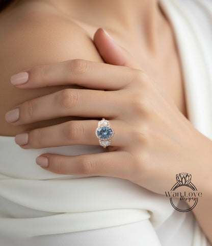 Gray Moissanite & Diamonds Oval Engagement Ring half moon trapezoid, 2ct, 9x7mm, Custom, 14k 18k White Yellow Rose Gold, Platinum, Wedding