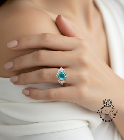 Teal Blue Green Moissanite & Diamond Oval Engagement Ring half moon trapezoid, 3ct, 9x7mm, Custom, 14k 18k White Yellow Rose Gold, Platinum