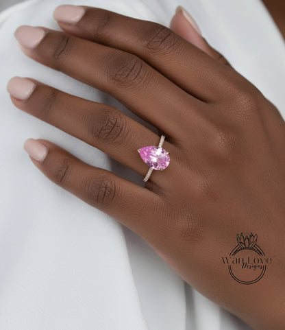 Anello di fidanzamento con zaffiro rosa e pera di diamanti, cestino della cattedrale, oro rosa giallo bianco 14k-18k-matrimonio personalizzato in platino, WanLoveDesigns