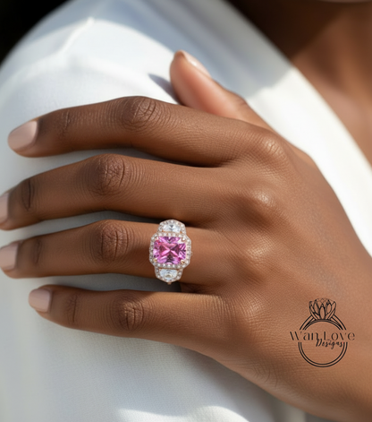 Art deco Pink Sapphire & Diamond Emerald engagement ring rose gold three gem stone ring elongated cushion half moon diamond 3 triple halo wedding ring anniversary gift