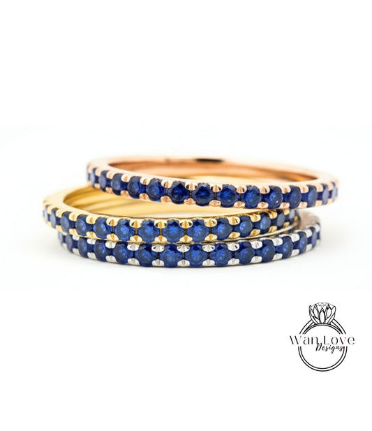 Blue Sapphire Half Eternity Stacking Wedding Band 1.85mm .22ct 14k 18k White Yellow Rose Gold Platinum Custom made Engagement Anniversary