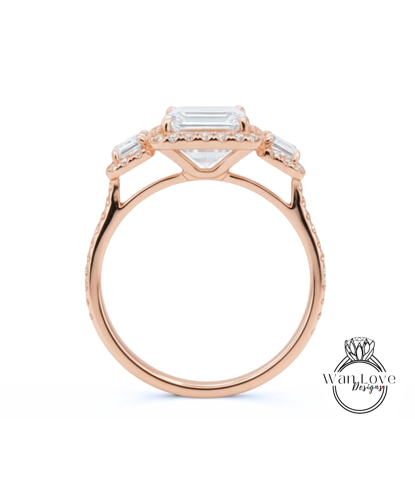 Moissanite & Diamonds Emerald Triple Halo Baguette Ring, Art Deco Engagement Ring, Diamond Side Stone Ring, Three Gem Stone Halo Diamond Ring, Anniversary Gift