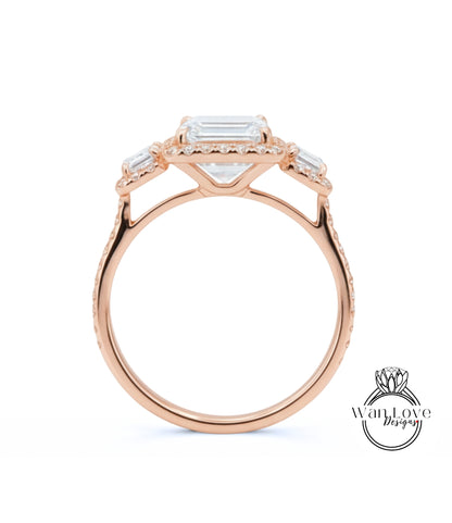 Moissanite & Diamonds Emerald Triple Halo Baguette Ring, Art Deco Engagement Ring, Diamond Side Stone Ring, Three Gem Stone Halo Diamond Ring, Anniversary Gift