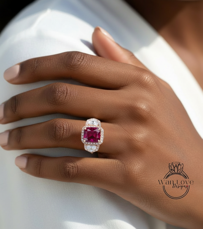 Cuscino allungato Art Déco Anello di fidanzamento con zaffiro blu Anello in oro rosa con tre pietre preziose Anello con mezzaluna e diamante Halo Anello di promessa anniversario